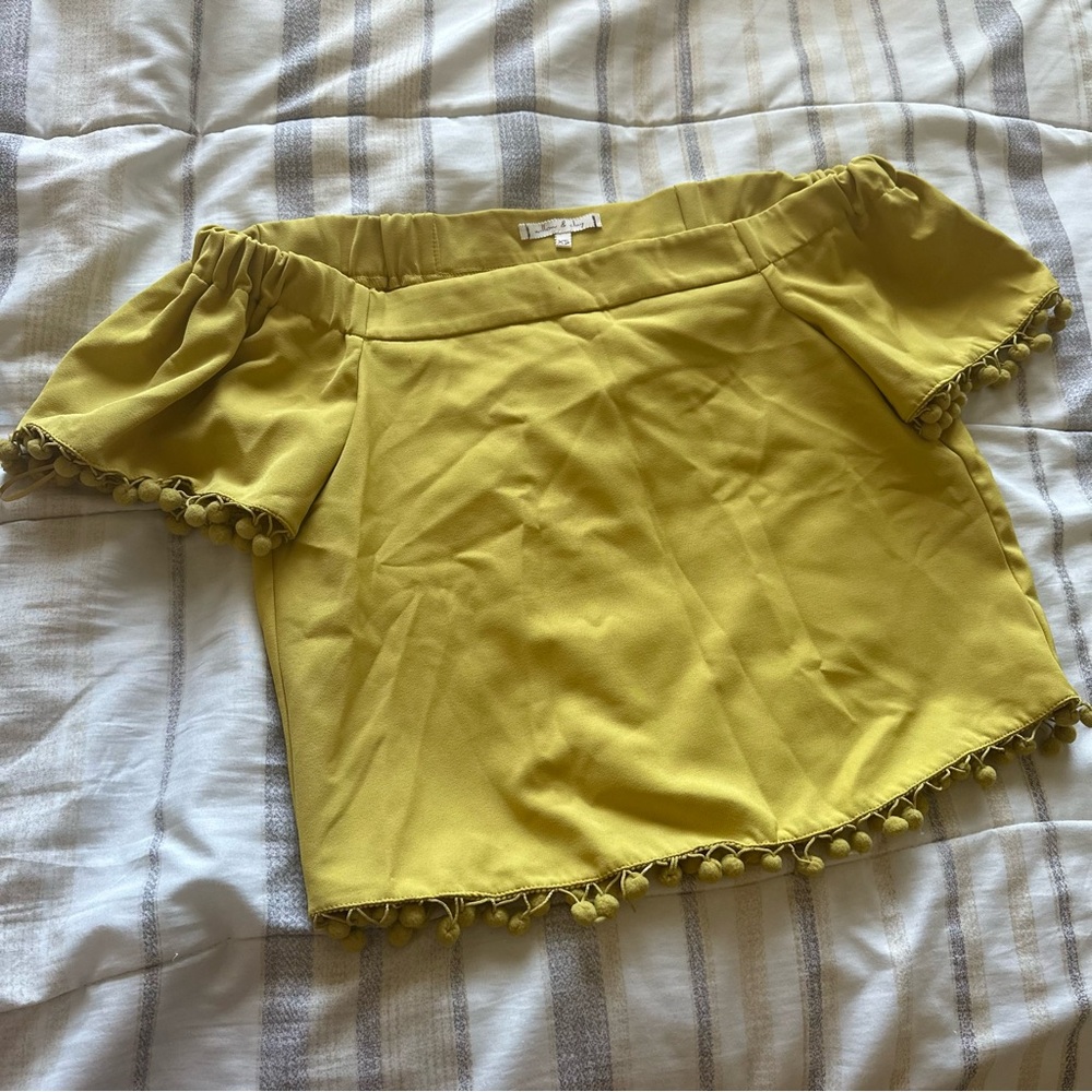 Yellow Off-Shoulder Top with Pom Pom Trim